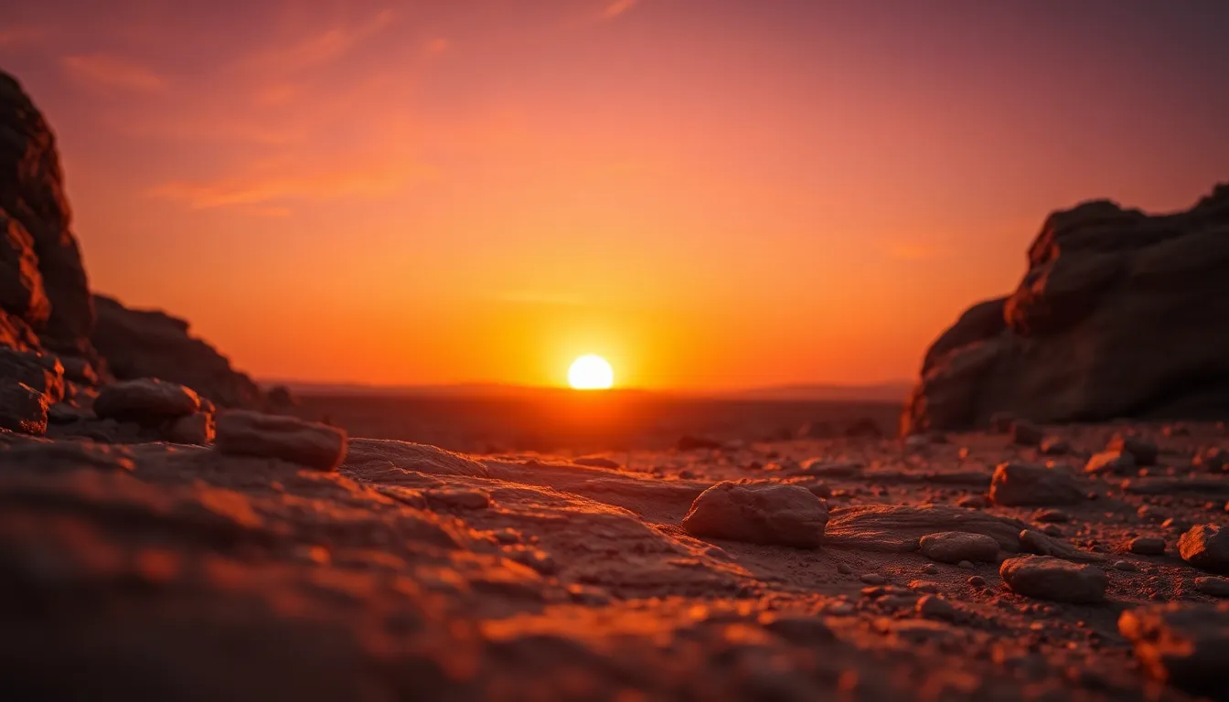 This mesmerizing image captures a Martian sunset, where vibrant orange and purple hues blend beautifully in the sky. The textured rocks in the foreground catch the warm light of the setting sun, creating a serene and otherworldly atmosphere. With a cinematic color grading, the image evokes a sense of adventure and exploration. Leading lines in the composition draw the viewer's attention toward the horizon, making it an evocative depiction of the Martian landscape.