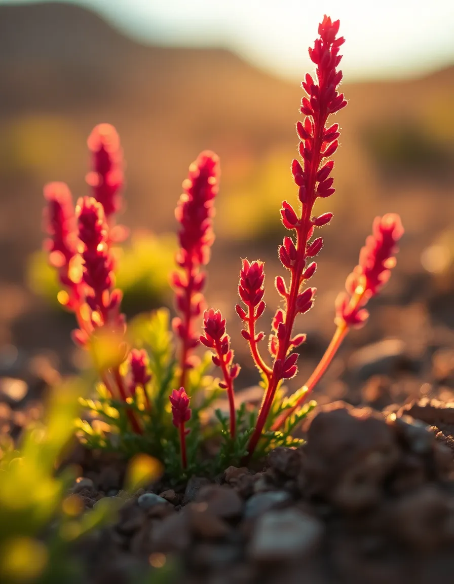 This enchanting image showcases an imaginative interpretation of Martian flora, illuminated by the warm light of golden hour. The intricate details of the plants bloom vibrantly against a softly blurred background, creating a dreamlike atmosphere. A shallow depth of field ensures that the viewer's attention is drawn to the rich colors and delicate textures of the foliage. The off-center composition adds a sense of exploration, inviting the viewer to immerse themselves in this alien yet captivating landscape.
