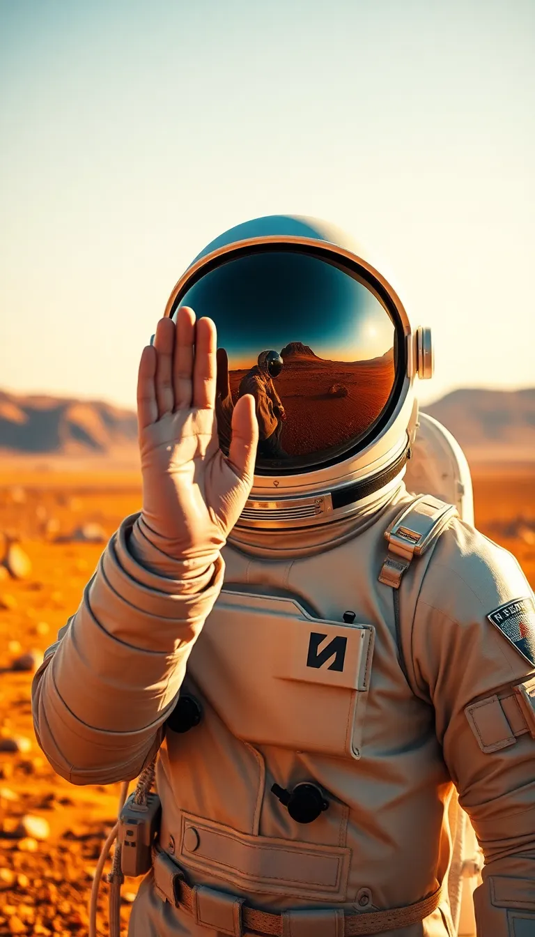 This dynamic image illustrates an astronaut on the surface of Mars, surrounded by the planet's ancient landscape of craters and rocky formations. The overcast lighting provides a soft and even illumination, highlighting the intricate details of the astronaut's suit and helmet. The use of hyperfocal depth of field allows for a sharp focus on both the astronaut and the foreground, creating a sense of depth. The muted color palette reflects Mars' natural tones, enhancing the realism of this extraterrestrial exploration scene.