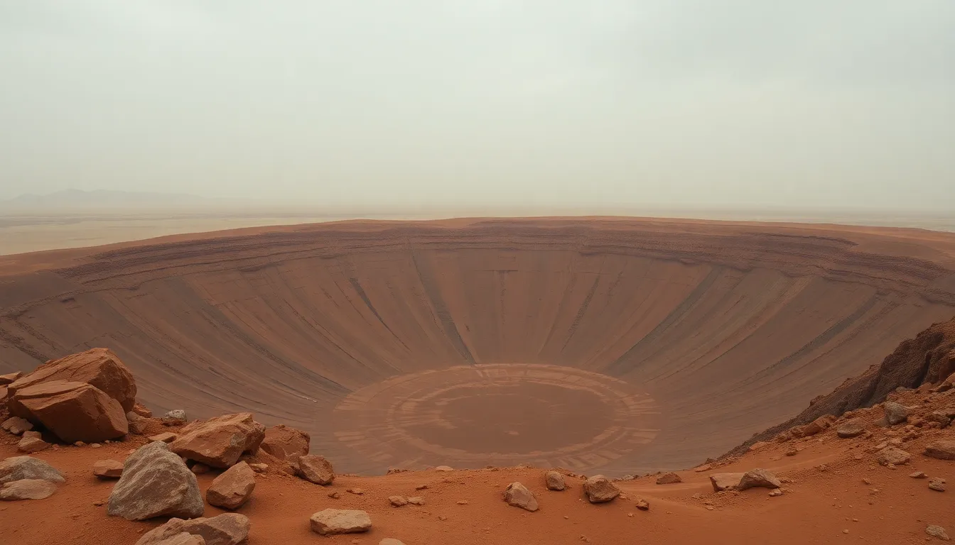 An impressive view of a large Martian crater, surrounded by the stark beauty of the red planet’s plains. The image captures the deep contours of the crater under soft, diffused light, revealing intricate details across the surface. The composition employs leading lines to emphasize the crater's depth, inviting viewers into the scene. This image illustrates the awe-inspiring vastness and ruggedness of Mars.