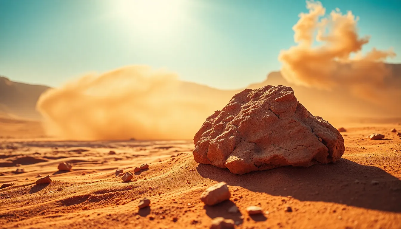 Dust Storm Over Martian Landscape In this captivating image, a Martian dust storm is artistically captured, with dappled sunlight filtering through the swirling particles. The detailed focus on a weathered rock offers a striking contrast against the vibrant reds of Mars. The Dutch angle composition adds a sense of drama, while the Fujifilm Velvia-inspired colors amplify the otherworldly beauty of the scene. The swirling dust in the background creates a dynamic atmosphere.