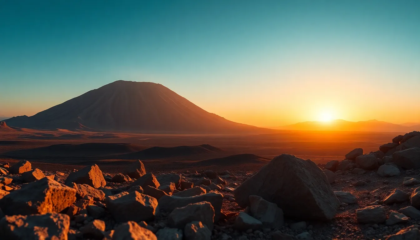 This breathtaking panoramic image showcases Olympus Mons, the tallest volcano in the solar system, at sunrise. The golden light casts soft hues over the rugged terrain, creating a contrast between the softness of dawn and the harsh Martian landscape. Foreground rocks frame the scene perfectly, adding depth and perspective. The sharp details enhance the vastness and majesty of Olympus Mons against the expansive Martian sky.