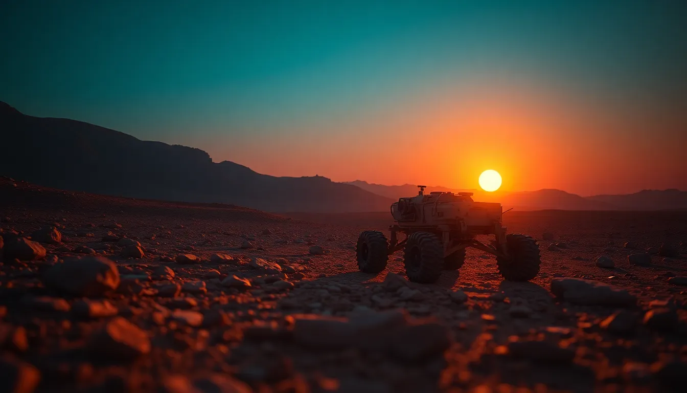 Martian Rover at Twilight A stunning image of a Martian rover navigating the rocky landscape at twilight. The warm glow of the setting sun contrasts beautifully with the deep blue of the approaching night sky. The rover's intricate details are sharply focused, while the surrounding terrain creates leading lines that draw the viewer's eye toward exploration. This scene encapsulates the pioneering spirit of space exploration on Mars.