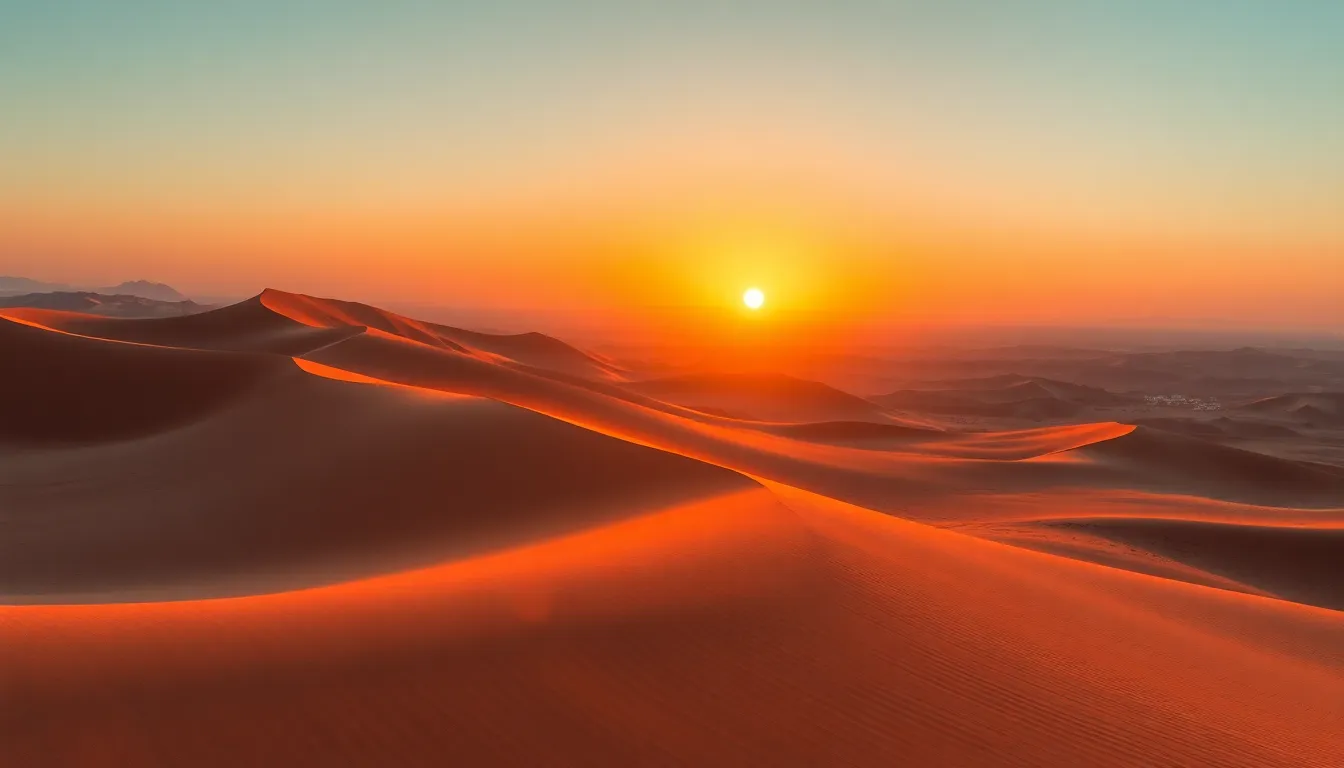 A breathtaking panoramic view of a Martian sunset illuminating the rolling dunes in vibrant colors. Golden hour backlighting enhances the textures and shapes of the dunes, creating an alluring contrast between warm and cool tones. The composition's leading lines draw the viewer's eye across the vast landscape, inviting exploration. This image encapsulates the serene yet otherworldly beauty of Mars during its twilight hours.