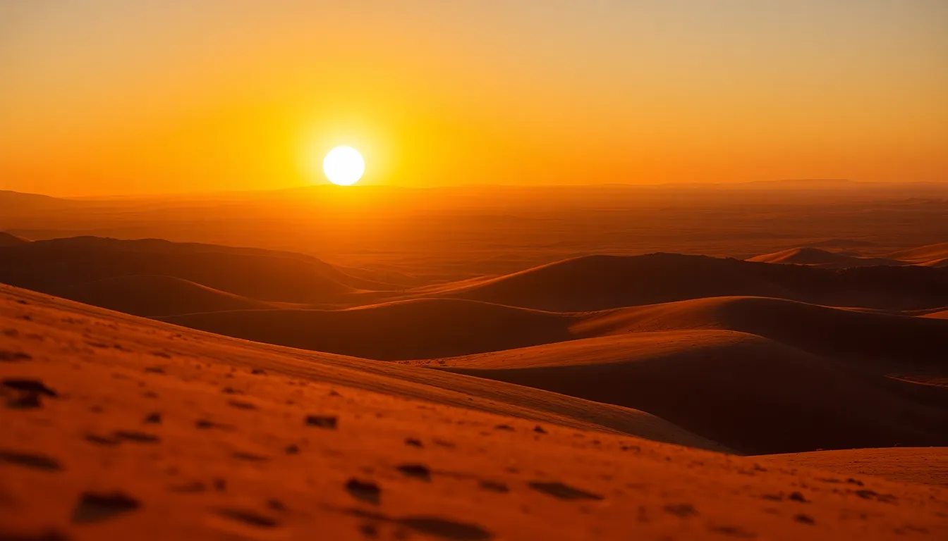 Martian Sunrise Over Rolling Hills A captivating sunrise on Mars, showcasing the stunning colors of a new day breaking over the horizon. The scene is illuminated by golden hour light, casting warm tones over the rolling hills and highlighting the intricate textures of the Martian soil. The composition cleverly positions the sun along the rule of thirds, enhancing the visual impact. This image evokes a sense of wonder and exploration.