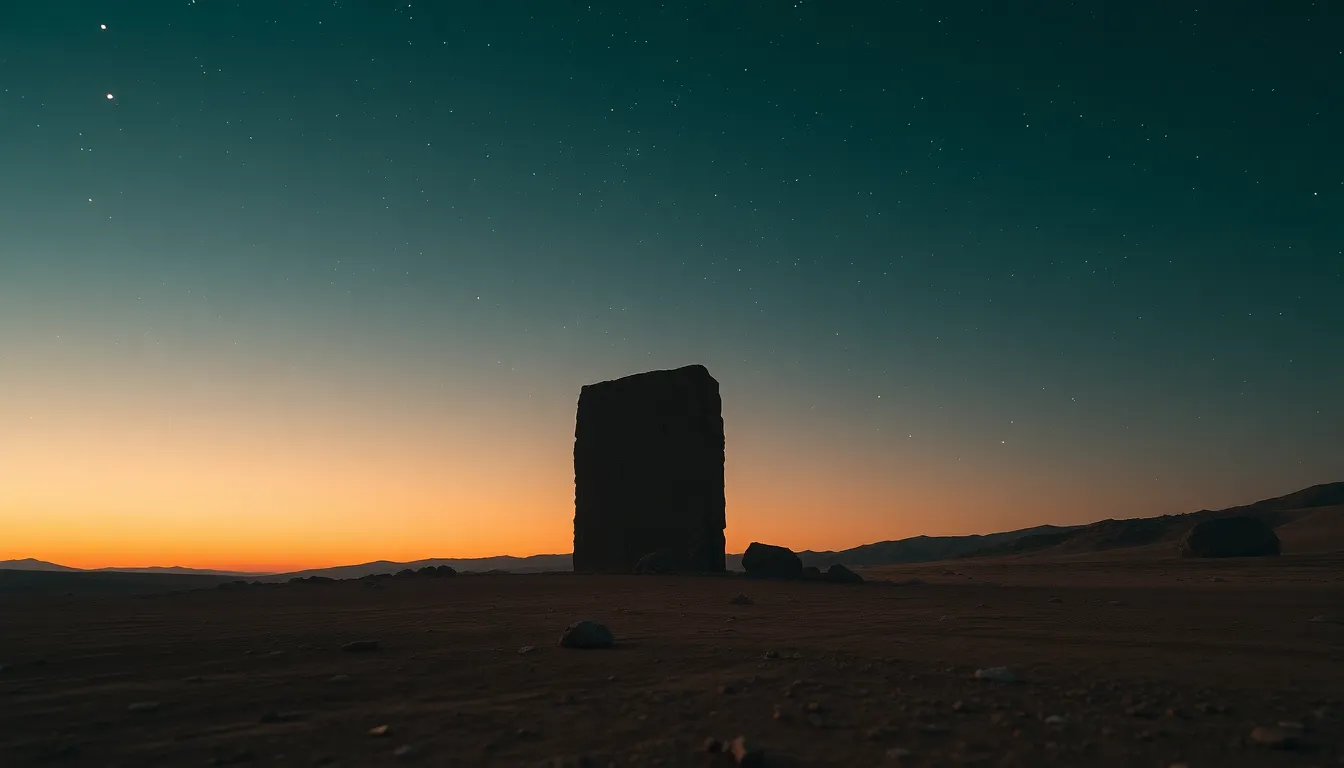 Ancient Monolith Under Starry Sky on Mars In this striking image, an ancient Martian monolith looms against a backdrop of a twilight sky filled with stars. The deep shadows created by the dramatic lighting add a sense of mystery and intrigue. The shallow depth of field highlights the texture of the monolith while softly blurring the starry expanse. Cinematic teal and orange grading enriches the atmosphere, and the rule of thirds composition enhances the impact of this otherworldly scene.