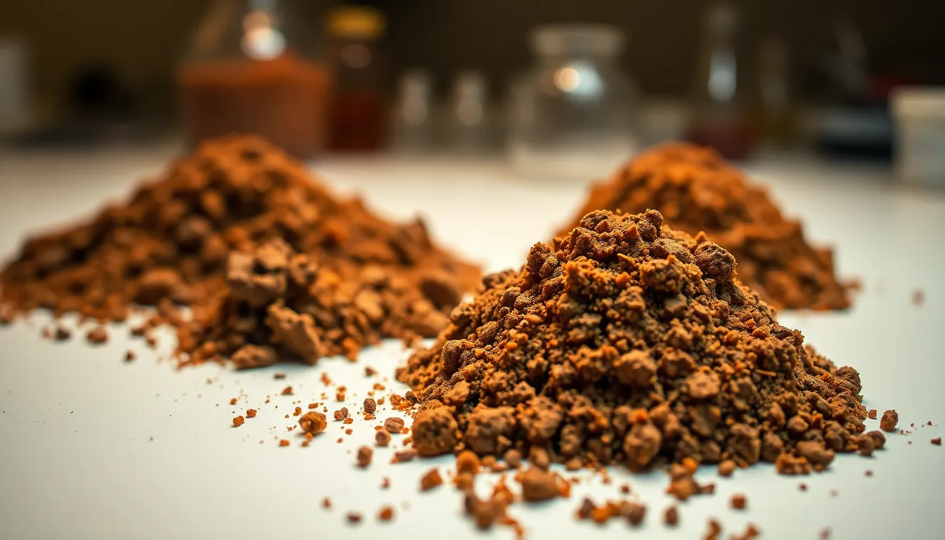 A detailed macro shot of Martian soil samples displayed under warm tungsten lighting in a laboratory. This image highlights the intriguing textures and colors of the soil granules, rich with warm tones that evoke a sense of discovery. The macro perspective draws the viewer's eye to the intricate details, while the smooth surface of the lab table contrasts with the ruggedness of the samples. This captivating portrayal embodies the excitement of scientific exploration on Mars.