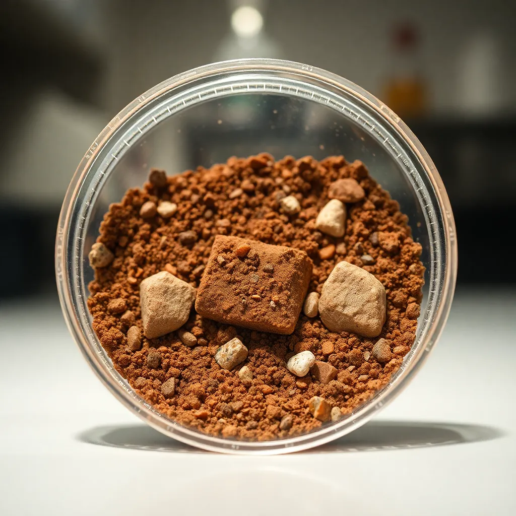 This detailed macro shot presents Martian soil samples in a petri dish, illuminated by bright studio lighting that highlights the textures of the various materials. Muted, desaturated earth tones create a natural palette, emphasizing the unique mineral composition. A shallow depth of field sharply isolates the samples from a blurred laboratory background, drawing attention to the intricate details. The centered composition focuses on the samples, showcasing the alien characteristics of Martian soil.