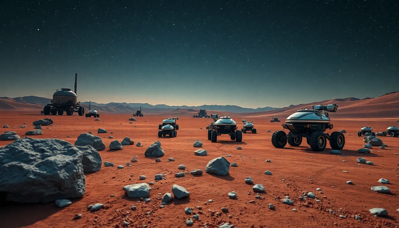 Futuristic Rovers Exploring Martian Landscape