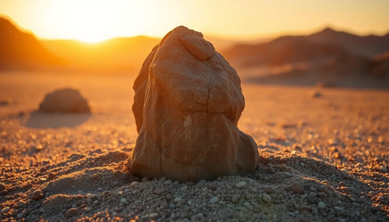 A breathtaking view of a majestic Martian rock formation illuminated by the golden hour sun. The warm glow creates an otherworldly atmosphere as the foreground rock stands in sharp detail against a softly blurred desert landscape. The rich golden highlights and deep shadows emphasize the rugged textures of the Martian surface. This captivating image invites viewers to explore the unique beauty of Mars during its enchanting twilight.