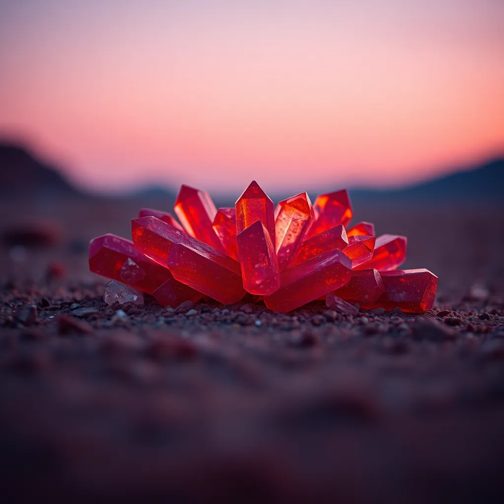 This stunning close-up captures a cluster of Martian crystals glowing under the soft twilight light. The rich red and orange hues contrast beautifully against the muted landscape, enhancing their natural beauty. With a shallow depth of field, the focus is sharp on the crystals, drawing attention to their intricate textures and facets. The symmetrical composition invites viewers to appreciate this hidden gem of Mars, evoking a sense of wonder and curiosity.