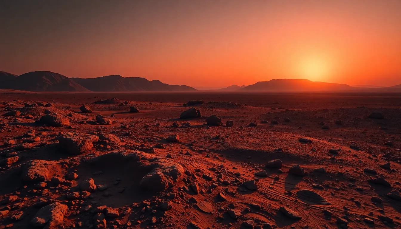 Martian Sunrise Over Rocky Landscape