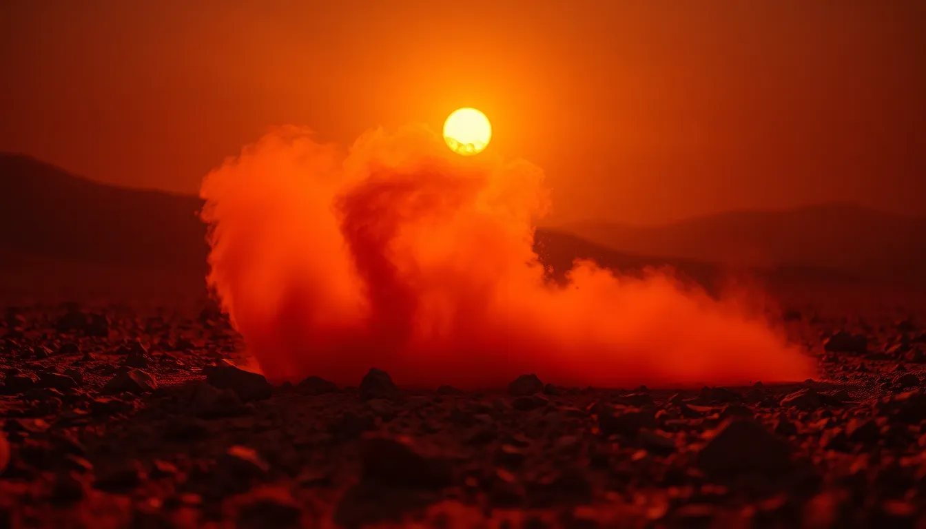 A captivating scene of a swirling Martian dust storm captured under dramatic lighting conditions. The distant sun casts long shadows over the rugged terrain, enhancing the vibrant reds and earthy tones. Selective focus on the dust cloud adds movement, drawing viewers into the dynamic atmosphere. The interplay of light and shadow highlights the coarse textures of the Martian surface, emphasizing the planet's wild and untamed nature.
