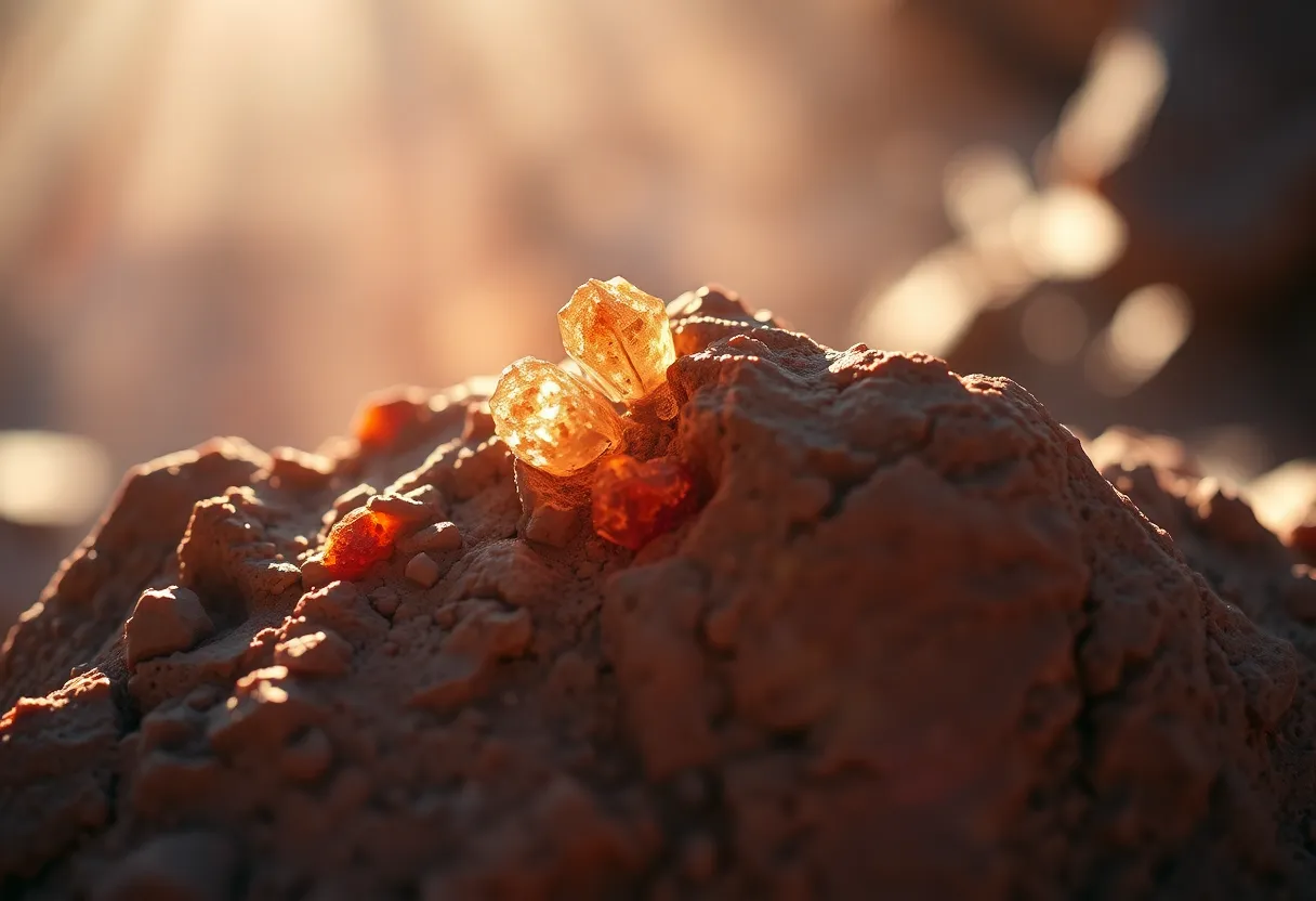 An up-close view of a Martian rock formation, showcasing its intricate textures and crystal structures. Dappled sunlight casts highlights on the minerals, enhancing the vivid colors that reflect the alien nature of Mars. Selective focus draws attention to the details of the rock, while a soft bokeh background adds depth to the scene. This macro capture reveals the beauty of Mars' geological wonders, inviting viewers to explore its mysteries.