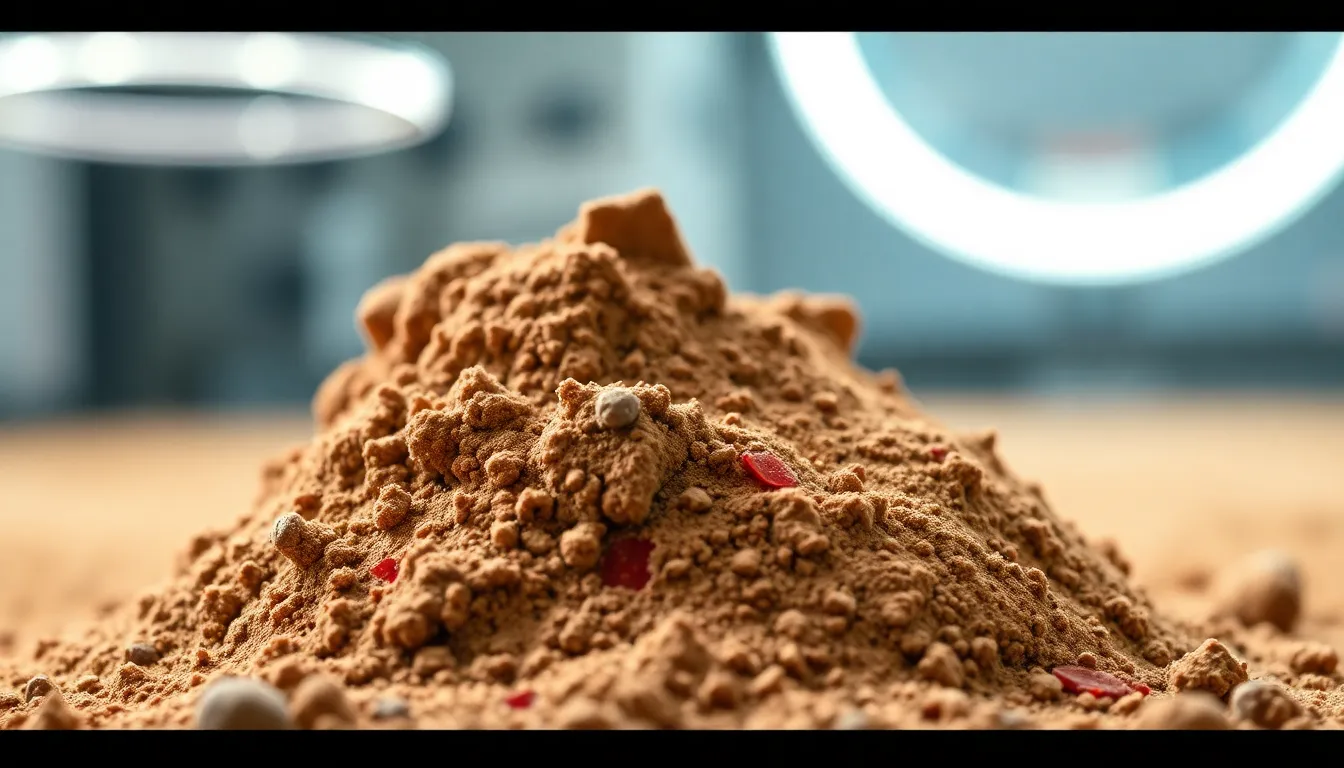 An in-depth look at a Martian soil sample within a laboratory setting, highlighting its unique texture and color. The sample is illuminated with ring lights, enhancing the mineral details and dusty surface. With selective focus on the soil, the background gently fades, creating an enriching atmosphere of scientific exploration. This image embodies the meticulous study of extraterrestrial materials.