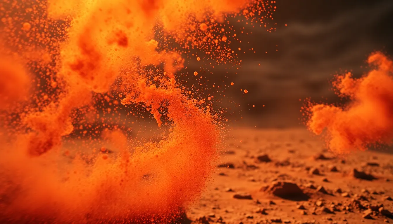 A dynamic and intense image of a swirling dust storm on Mars, captured in rich red and orange hues. The low-angle lighting enhances the texture of the dust particles while creating dramatic shadows, illustrating the raw power of the Martian environment. With a shallow depth of field isolating the swirling dust, this photograph conveys the chaotic beauty of Mars' atmosphere.