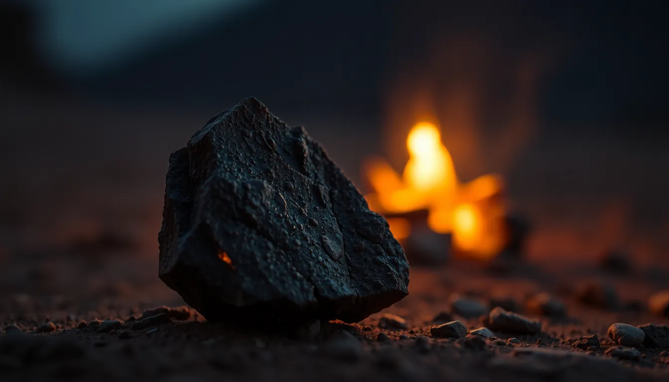 Martian Mineral Under Campfire Light This evocative image captures an intricate Martian mineral specimen illuminated by the warm glow of a campfire under the cold Martian night sky. The selective focus brings out the textured details of the mineral, while the background fades softly into bokeh. The earthy colors reflect the natural hues of Mars, creating a feeling of exploration and solitude. The composition draws the viewer's attention to the specimen, grounding the scene beautifully.