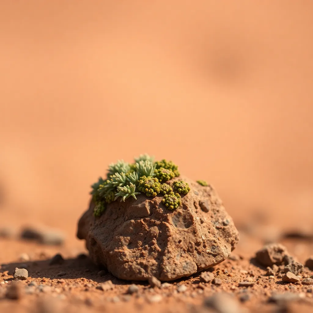 Close-Up of Martian Rock with Organisms This captivating close-up shot reveals a Martian rock adorned with lichen-like organisms, bathed in soft, diffused light. The delicate interplay of colors, featuring earthy greens and browns against a warm reddish backdrop, highlights the extraordinary potential for life on Mars. The shallow depth of field draws attention to the intricate textures of the rock and its inhabitants, creating an intimate look at this alien environment. The overall mood is one of discovery and intrigue, prompting viewers to consider the possibilities of extraterrestrial life.