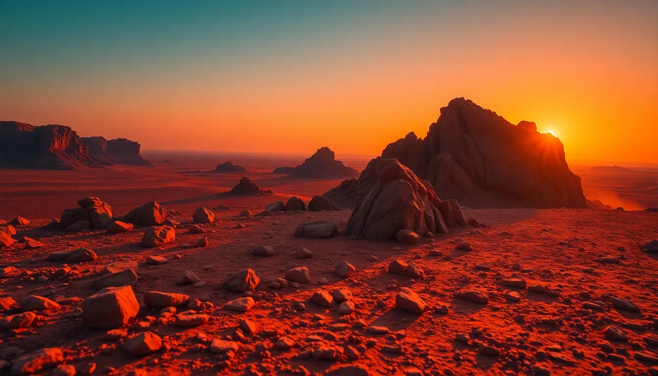 Stunning Martian Sunset Over Rocky Terrain