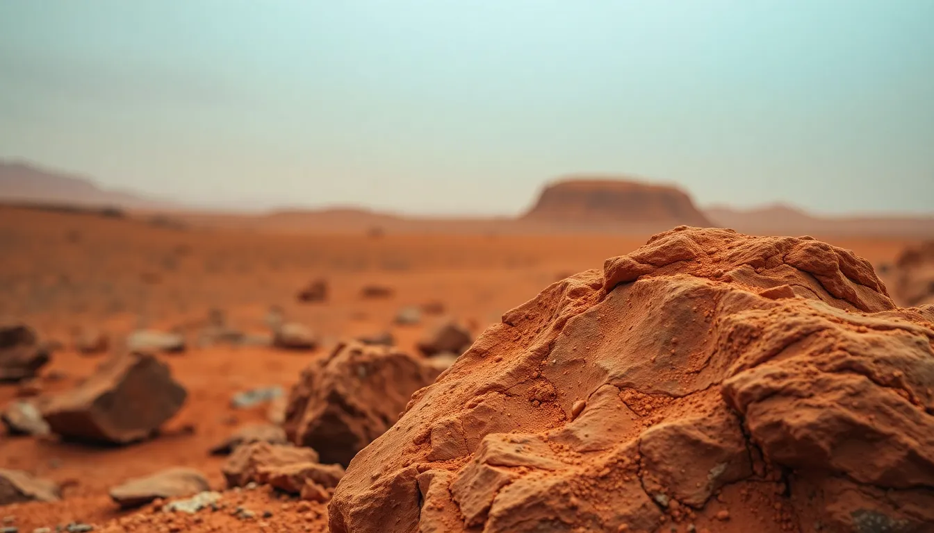 Dramatic Martian Landscape with Crater A breathtaking view of the Martian landscape featuring a distant crater. The scene is captured under an overcast sky that diffuses daylight, softening the stark red tones of Mars's surface. The foreground reveals textured rocks with grooves and fine dust, while the atmospheric perspective enhances the depth of the composition. This image highlights the eerie beauty and desolation of Mars, inviting viewers to reflect on its vastness.