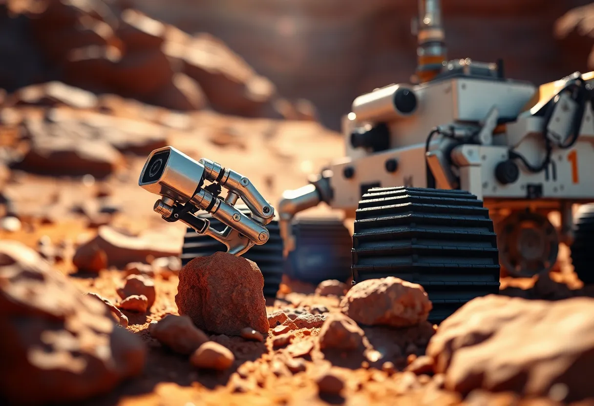 This striking close-up captures the Curiosity rover on Mars, focused on examining rocky samples under intense sunlight. The metallic surfaces of the rover stand out against the dusty reddish backdrop of the Martian terrain. High contrast lighting emphasizes details, while the blurred background draws attention to the rover's intricate features. The image exudes a sense of exploration and adventure in the vastness of space.
