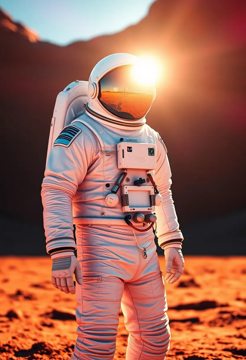 An astronaut stands confidently on the red surface of Mars, captured in vivid detail under direct sunlight. The contrasting colors of the bright white suit against the deep reds of the Martian soil create a striking visual. The image highlights the astronaut's gear, instilling a sense of exploration and adventure. Shallow depth of field adds a dreamy quality, drawing focus to the subject while hinting at the alien landscape behind.