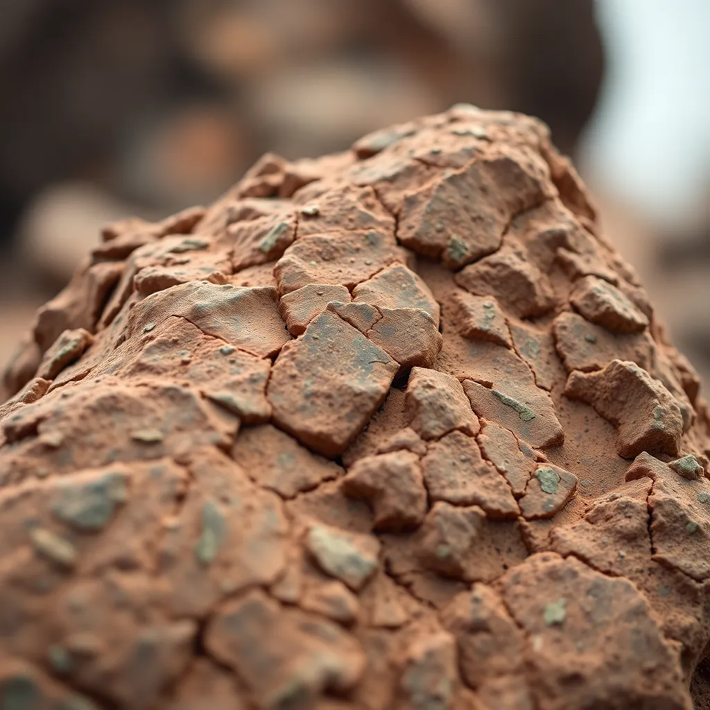 A stunning close-up of a Martian rock formation, revealing intricate textures and mineral deposits under diffused daylight. The rich earth tones are accentuated by the serene Martian atmosphere, with hints of blue and green adding depth. With a shallow depth of field, the photograph draws attention to the rock's detailed surface, making it an excellent representation of Mars' geological diversity.