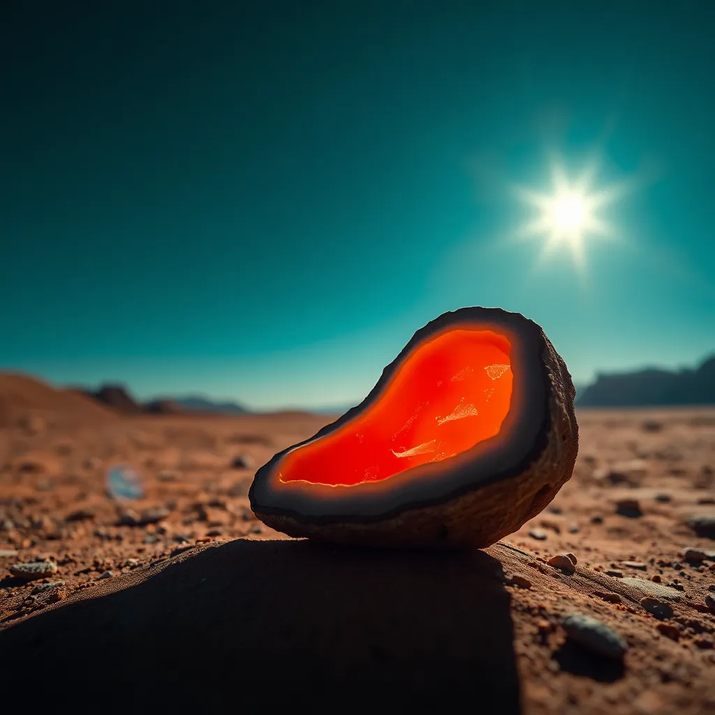 This photorealistic image features a stunning Martian geode, reflecting vibrant colors under the light of a single star in the night sky. The shallow depth of field creates a dreamy background, emphasizing the geode's smooth texture and stunning interior. With a cinematic color grading of teal and orange, this composition beautifully contrasts the shiny geode with the rough terrain surrounding it. The scene captures the essence of discovery and beauty on Mars.