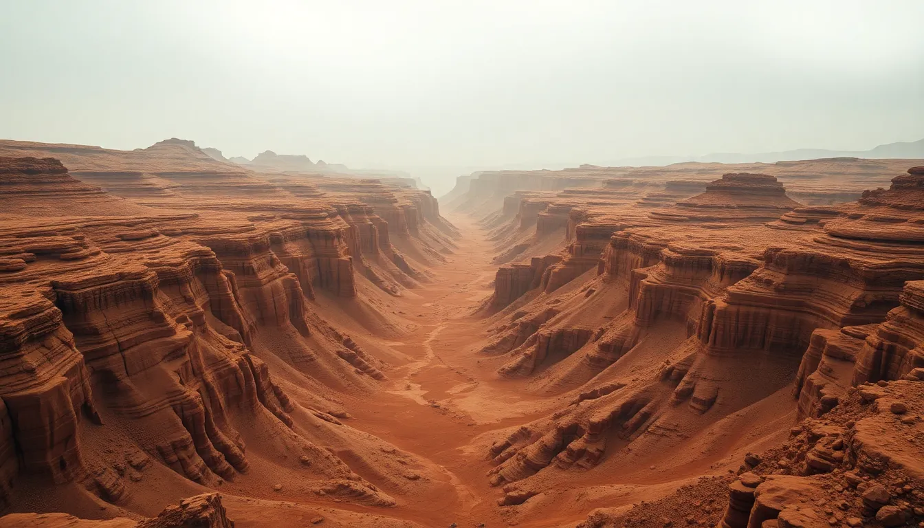 An expansive view of a Martian valley filled with deep canyons and ancient rock formations, captured in overcast daylight that highlights the planet's unique geological features. The muted red and brown tones emphasize the rugged terrain, while leading lines draw the eye into the vastness of the landscape. This mesmerizing image showcases the intricate textures and details of Mars, inviting viewers into the alien yet familiar environment.