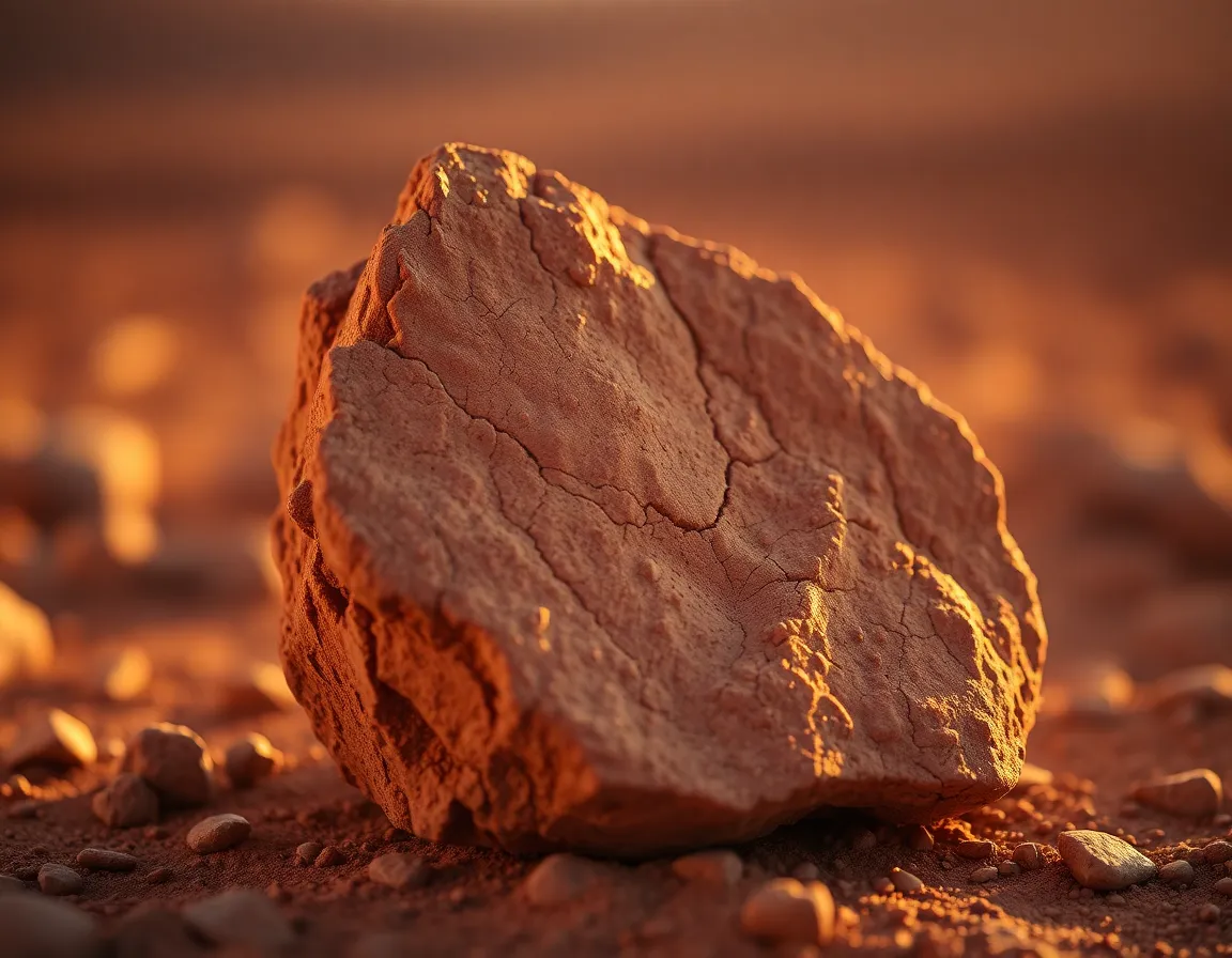 In this stunning close-up, a Martian rock is featured against a blurred, barren landscape, illuminated by the soft, golden hour light. The warm hues of burnt orange and muted tan draw attention to the intricate textures of the rock, creating a captivating focal point. The shallow depth of field emphasizes the details, while the composition adheres to the rule of thirds for dynamic balance. This image beautifully encapsulates the unique geological forms found on the Red Planet.