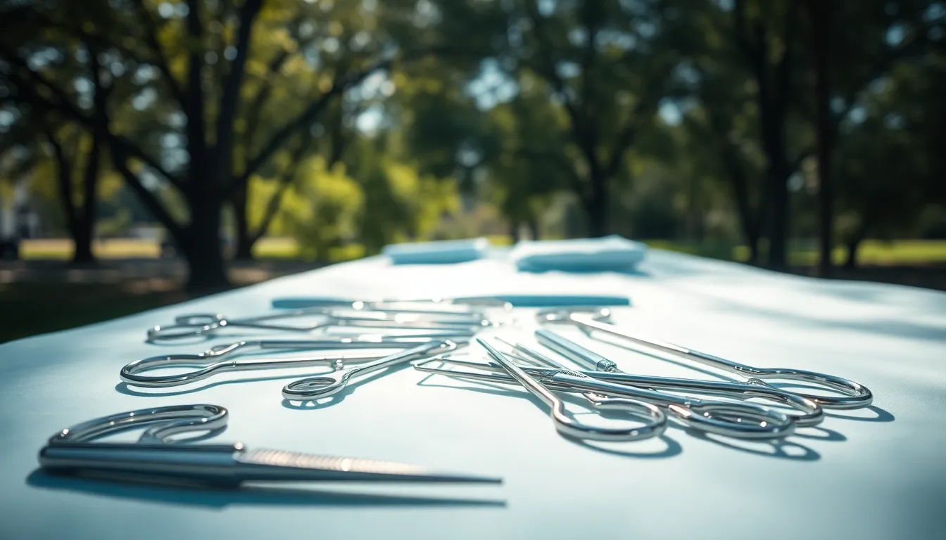 This close-up image shows a meticulous arrangement of surgical instruments on a sterile table, illuminated by dappled natural light. The bright and clean colors reflect the precise and sterile environment necessary in medical settings. The shallow depth of field beautifully blurs the surroundings, pulling the viewer’s attention directly to the instruments and their craftsmanship, emphasizing the importance of sanitation in healthcare.