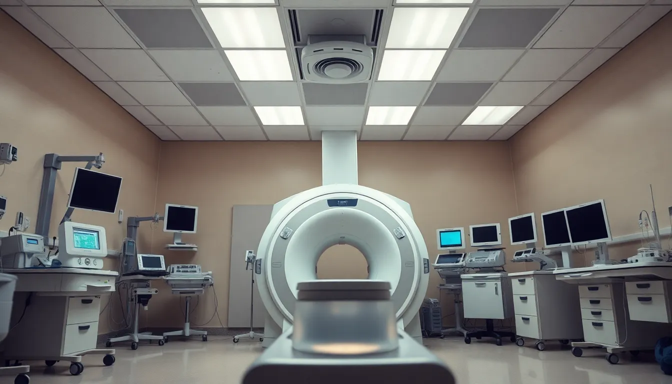 This image showcases a state-of-the-art MRI machine in a sterile hospital room, surrounded by various medical equipment. Bright overhead fluorescent lights create a clean, clinical atmosphere, while the neutral color palette emphasizes the tranquility of the space. The sharp focus captures every detail, from the polished surfaces of the machine to the texture of the floor. Leading lines guide the viewer's gaze toward the MRI, symbolizing innovation in healthcare.