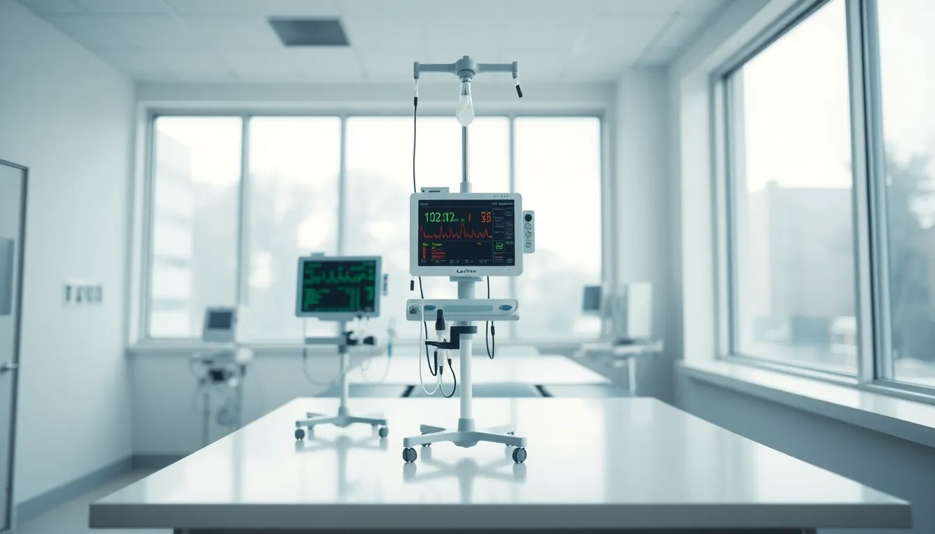 This image presents a modern hospital room filled with medical equipment including an IV drip stand and a vital signs monitor. Soft ambient light filters through large windows, creating a serene environment. The sterile white and cool blue tones enhance the clinical feeling of the space. The focused equipment contrasts pleasantly against the blurred background, emphasizing the high-tech nature of healthcare today.