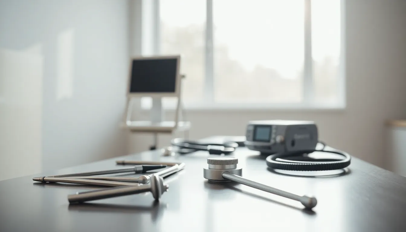 This image showcases a contemporary medical clinic filled with a variety of medical equipment. Soft daylight pours in through large windows, creating a calm atmosphere. The arrangement of tools on a polished stainless steel table leads the viewer's eye through the scene. The overall color scheme is muted and professional, reflecting the sanitized environment of healthcare. Every detail, from the instruments to the lighting, promotes a sense of trust and cleanliness.