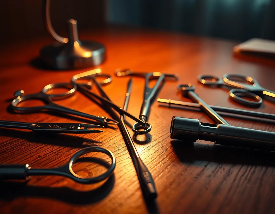 Intricate Medical Instruments on Wooden Table