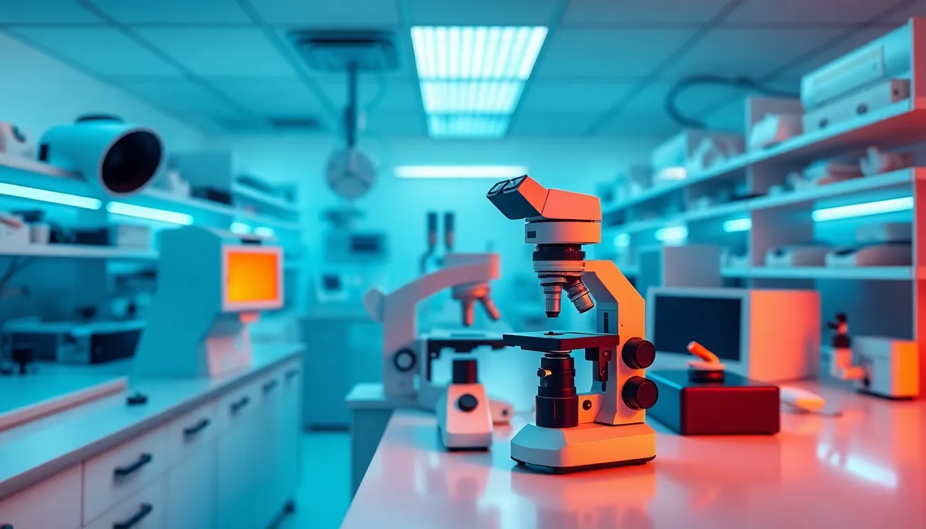 This image presents a modern laboratory environment filled with advanced diagnostic tools, illuminated by cool blue LED lights. The focus is sharp on a high-tech microscope, intricately designed and surrounded by various lab instruments. The engaging teal and orange color grading adds vibrancy and depth to the sterile setting. Utilizing the rule of thirds, this composition effectively emphasizes the technological advancements present in today's healthcare labs.