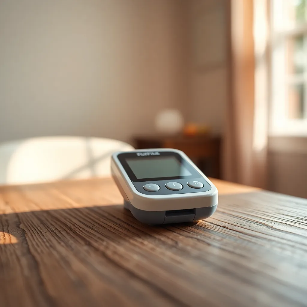 This serene image presents a close-up of a blood glucose monitor on a textured wooden table, illuminated by gentle morning light. The shallow depth of field beautifully isolates the monitor, drawing attention to its display and buttons against a creamy bokeh background. The soft pastel colors enhance the calming atmosphere, while the natural wood adds a tactile quality that connects the viewer to the healthcare aspect. This image represents daily health management and precision.