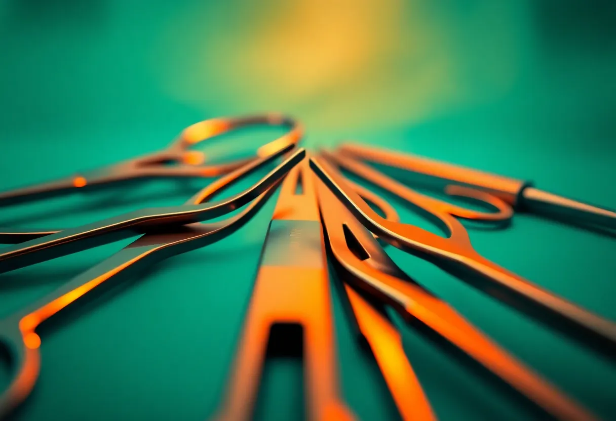 This striking image features a meticulously arranged set of surgical instruments, illuminated by bright studio lighting to accentuate their precision and craftsmanship. The hyper-realistic focus reveals intricate textures of the stainless steel tools, while a cinematic color grading adds visual interest. The composition employs leading lines, guiding the viewer through the array of instruments, reflecting the professionalism of surgical environments.