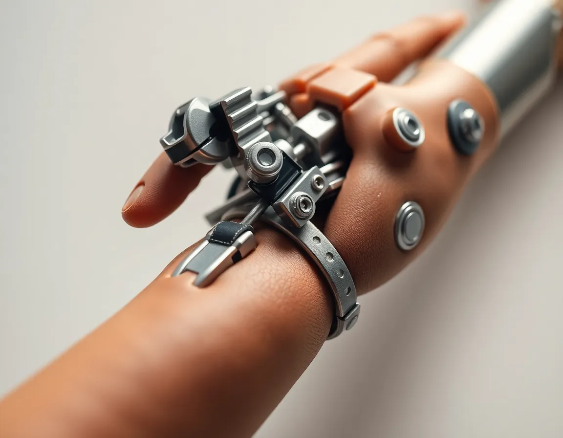 This macro shot captures the stunning details of a high-tech prosthetic limb, highlighting its advanced materials and craftsmanship. Soft, diffused lighting enhances the intricate textures, from the silicon skin to the sleek metallic joints. The shallow depth of field ensures a crisp focus on the limb's features, allowing the viewer to appreciate the innovation behind modern prosthetics. The warm skin tones merged with metallic hues reflect the blend of technology and humanity in healthcare.