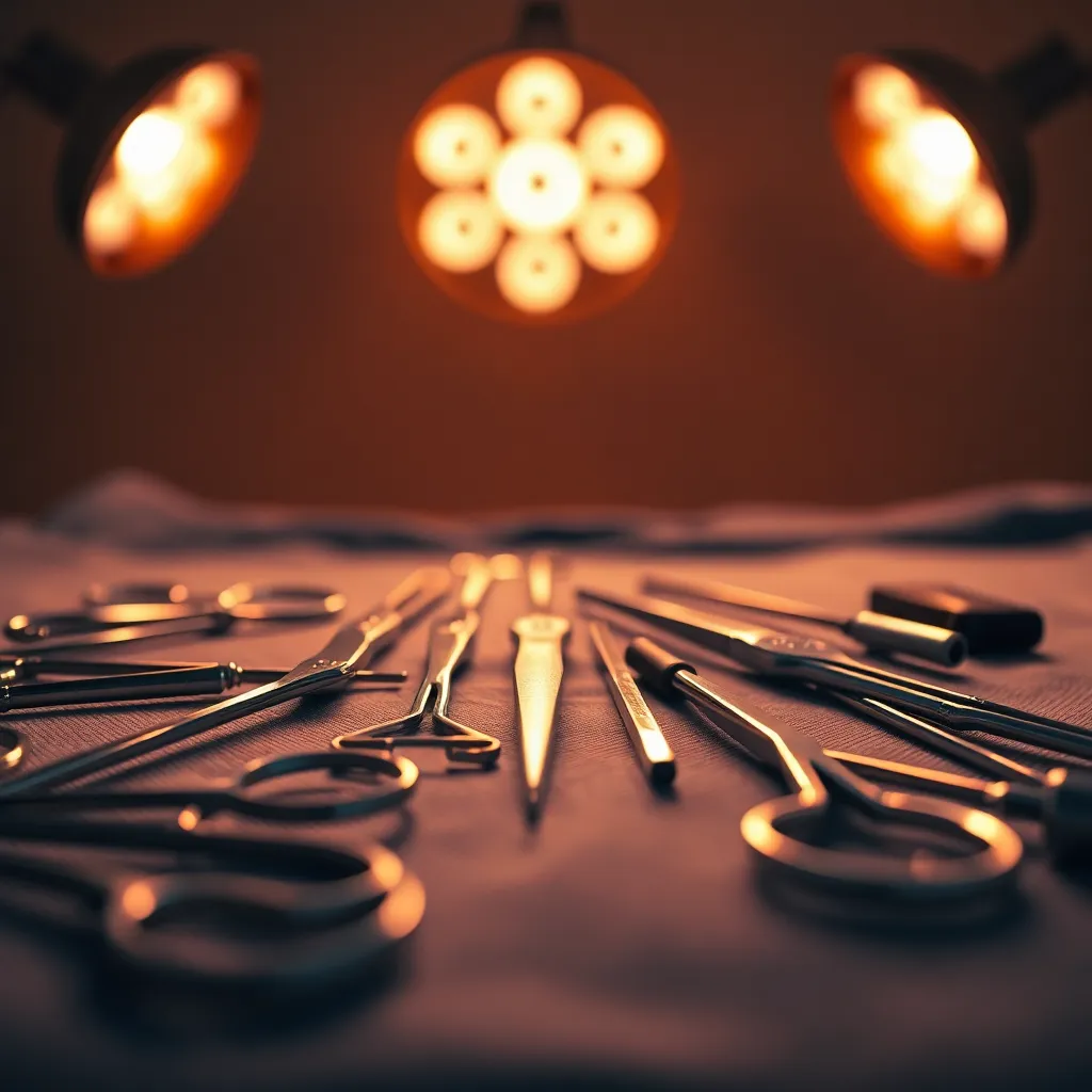 This macro image captures a stunning close-up of intricate surgical instruments meticulously arranged on a textured cloth. Warm tungsten lighting highlights the polished surfaces, creating a dramatic play of shadows and light. The shallow depth of field draws attention to the precision and craftsmanship of each tool, while the soft gradient background enhances the focus. This photograph conveys the artistry and professionalism found in surgical practice.