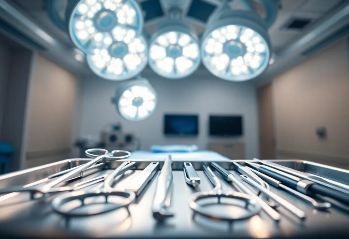 This image presents an organized tray of surgical instruments in a high-tech operating room. Bright overhead lights ensure the polished stainless steel reflects sharply, creating a clinical ambiance. The hyperfocal depth of field captures every detail, enhancing the image's precision. The cool color palette contributes to the sterile look, while the symmetrical arrangement of instruments reinforces a sense of order and professionalism in surgical settings.