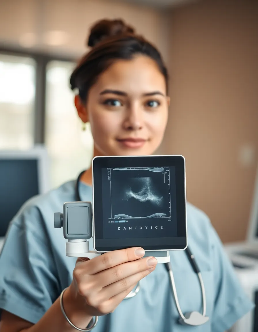This image portrays a healthcare worker confidently handling a portable ultrasound machine in a well-organized clinical environment. The soft lighting from overcast skies provides an even illumination that enhances the natural skin tones of the worker. Featuring a clean and modern aesthetic, the selective focus ensures the ultrasound machine remains the centerpiece while the background subtly blends into a soft bokeh. This photograph highlights the innovation and care present in modern healthcare.