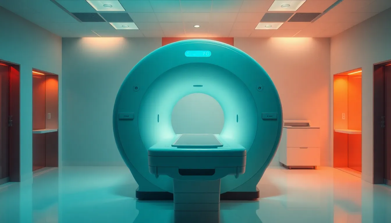 A sleek modern MRI machine stands as the focal point in a well-lit clinical room, captured in stunning detail. The soft studio lighting highlights the machine's smooth curves against a backdrop of pristine white surfaces. Utilizing a cinematic teal and orange color grading, the image evokes a sense of advanced technology within a calm healthcare environment, representing the future of medical imaging.