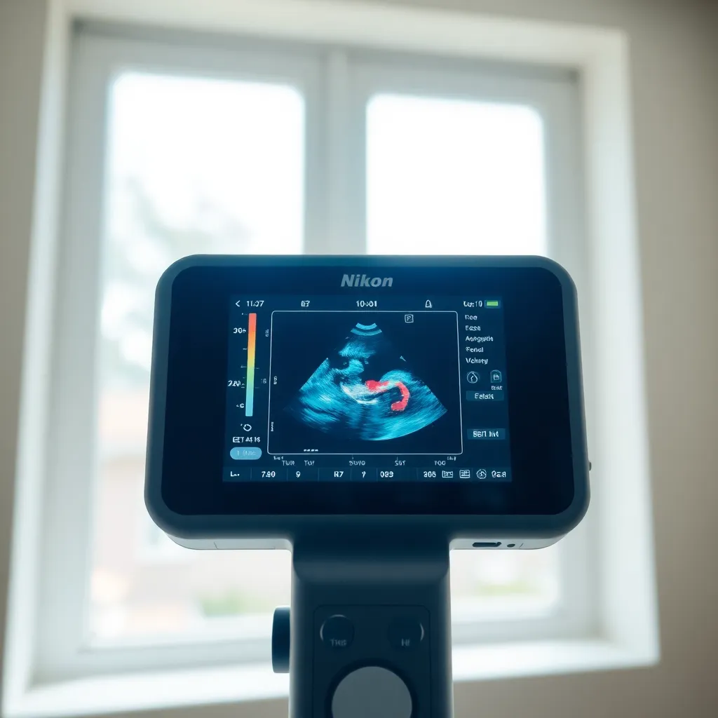 This close-up shot highlights a handheld ultrasound device, showcasing its sleek design and vibrant imaging screen. Soft, diffused natural light pours in, enhancing the device's colors, particularly the rich blues and greens. The selective focus draws attention to the screen while the background remains softly blurred, creating a clean and modern aesthetic. The centered composition focuses on the innovation and technology of modern healthcare equipment.