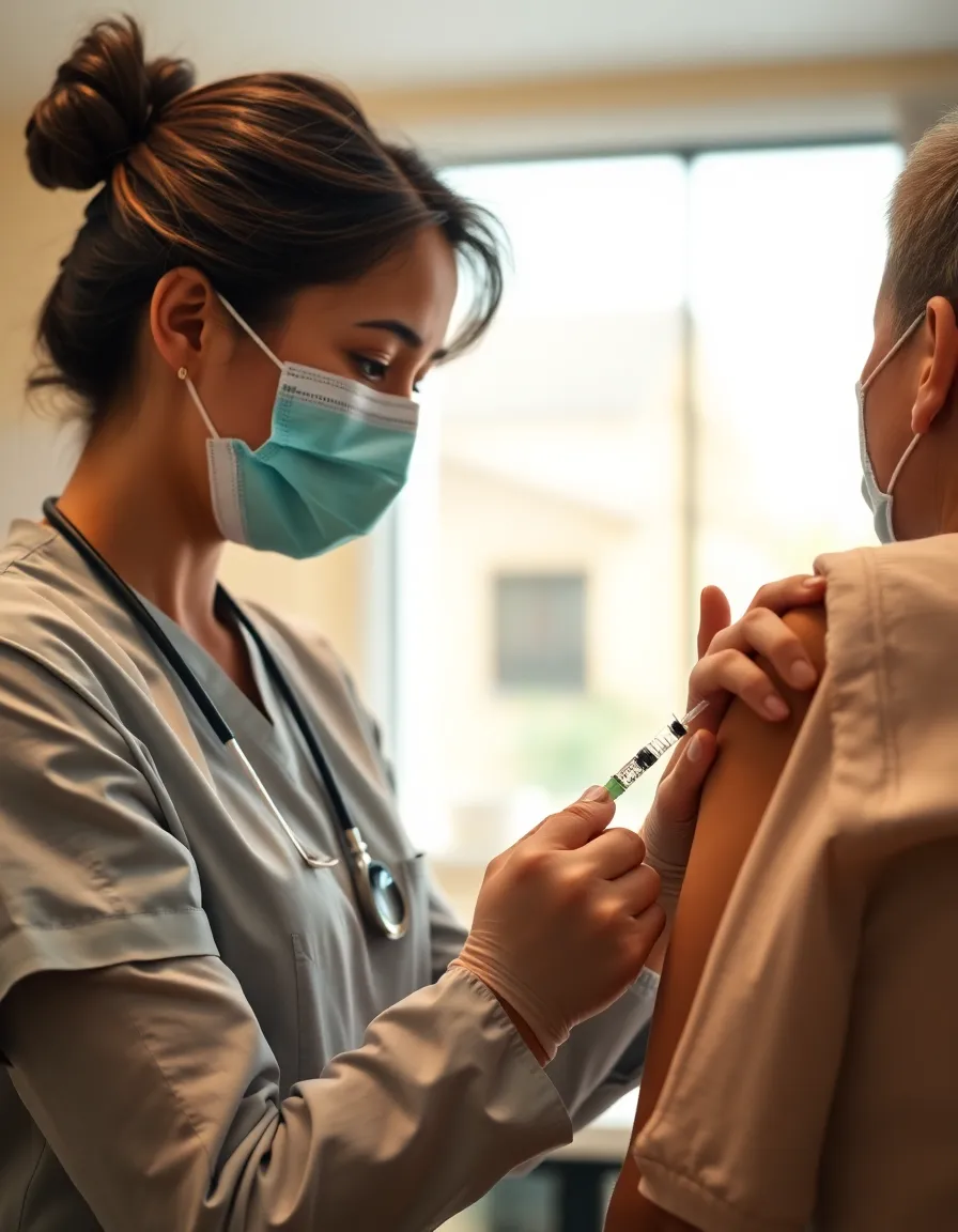 This engaging image features a nurse administering a vaccine in a bright and welcoming clinic. With warm tungsten lighting, the scene exudes comfort and care, capturing an intimate moment between the healthcare professional and the patient. The selective focus on the nurse’s hands and the syringe emphasizes their expertise, while the softly blurred background enhances the sense of professionalism and trust. The natural color palette reinforces the warm, reassuring atmosphere.