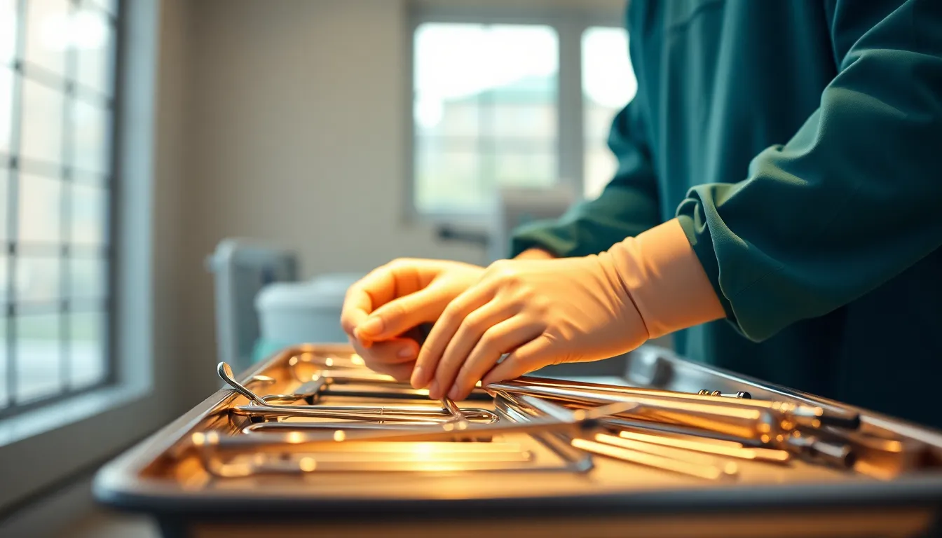 In this compelling image, a surgeon's hands are focused on organizing a set of gleaming surgical instruments on a tray, illuminated by soft morning light streaming through hospital windows. The warm tones and lifted shadows evoke a sense of professionalism and care, while the shallow depth of field emphasizes the meticulous detail of the instruments and the textured linens. This photo captures the essence of precision in the medical field.