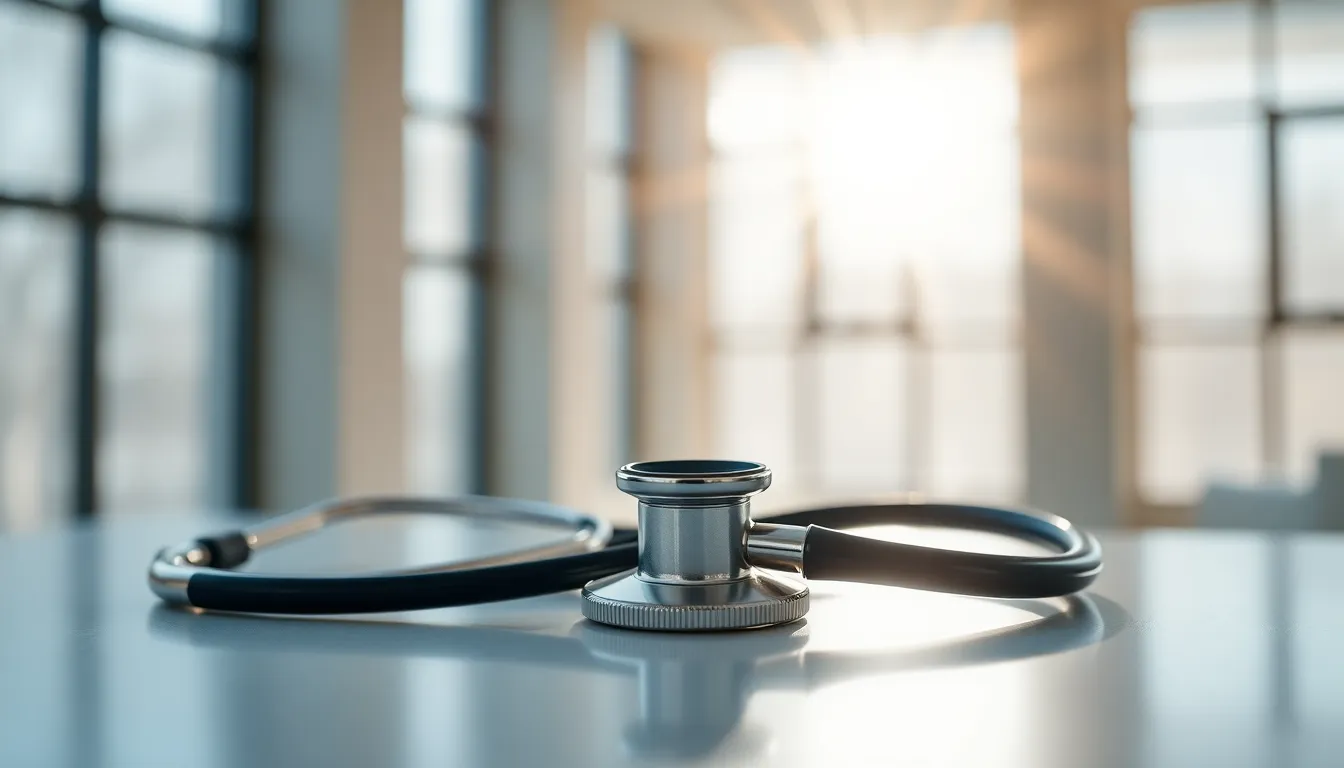 Stethoscope on a Clinical Table A beautifully composed image of a stethoscope resting on a highly polished clinical table, illuminated by the warm, inviting light of a sunny day. The background reveals hints of a modern examination room, softly blurred to keep the focus on the intricate details of the stethoscope. The muted colors resonate with a calming healthcare environment, enhancing the professional yet welcoming atmosphere, ideal for medical publications or websites.