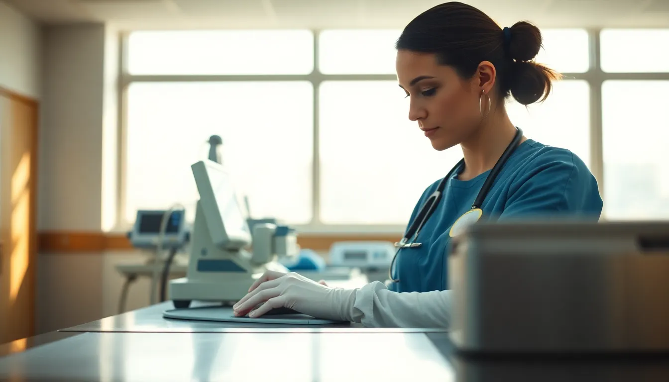A nurse meticulously organizes medical equipment in a bright, sterile hospital room. Natural sunlight pours in through large windows, creating a warm and inviting atmosphere. The shallow depth of field highlights the nurse's focused expression, while the texture of the stainless steel equipment adds a sense of realism. The overall mood is serene and professional, exhibiting the essential role of healthcare workers.