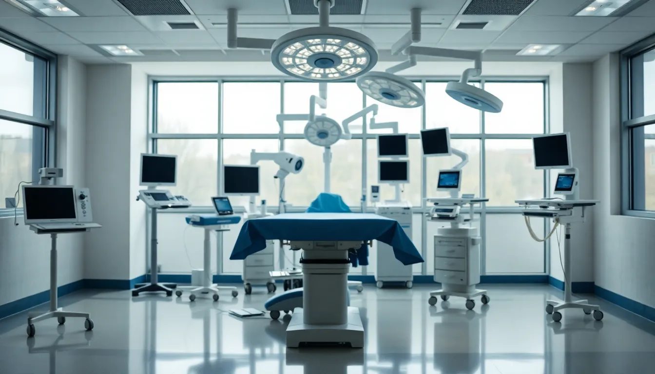 This striking image showcases a state-of-the-art operating room filled with advanced surgical instruments and machinery. The cool color palette of whites and blues conveys a sense of sterility and professionalism. Natural light streams through the large windows, softly illuminating the space and creating an inviting ambience. The meticulous arrangement of equipment emphasizes the precision and care that goes into modern medical procedures.