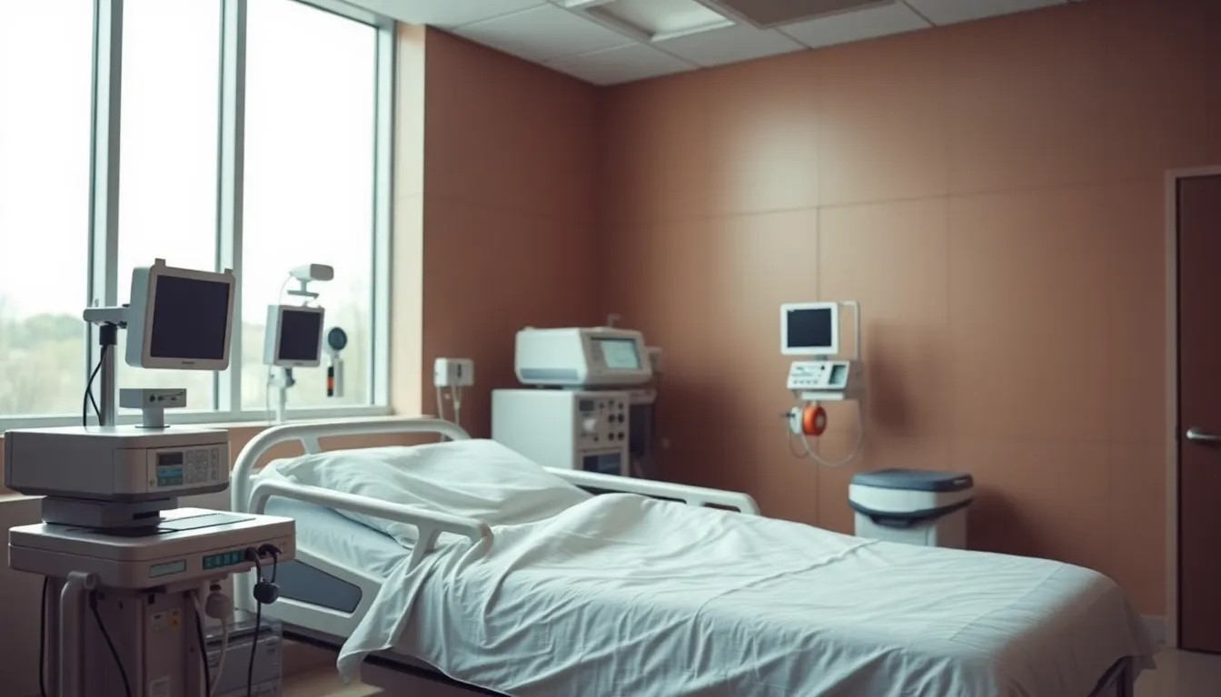 This image captures a serene hospital room featuring advanced medical equipment. Soft, diffused natural light filters through large windows, illuminating the clean and organized setting. The focus is on the intricately designed medical devices, while the background remains softly blurred, creating a peaceful atmosphere. The muted color palette and textures of metal and linen add to the modern healthcare environment.
